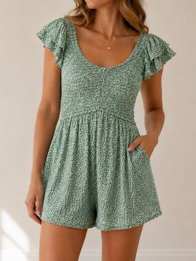 Hollister Floral Smocked Ruffle Sleeve Mini Romper Green White Size Small